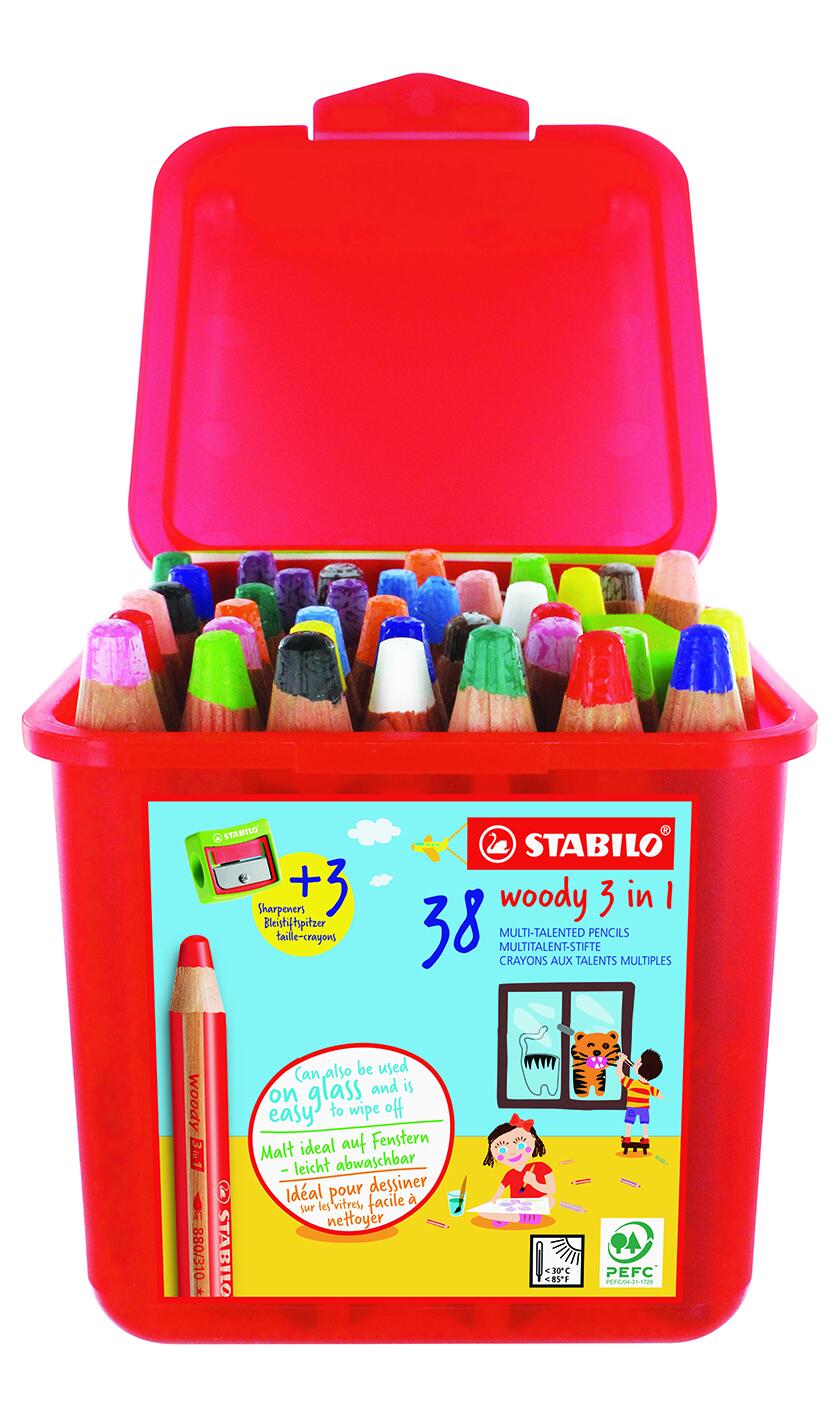 Schoolbox x 38 crayons multi-talents STABILO woody 3in1 + 3 taille-crayons