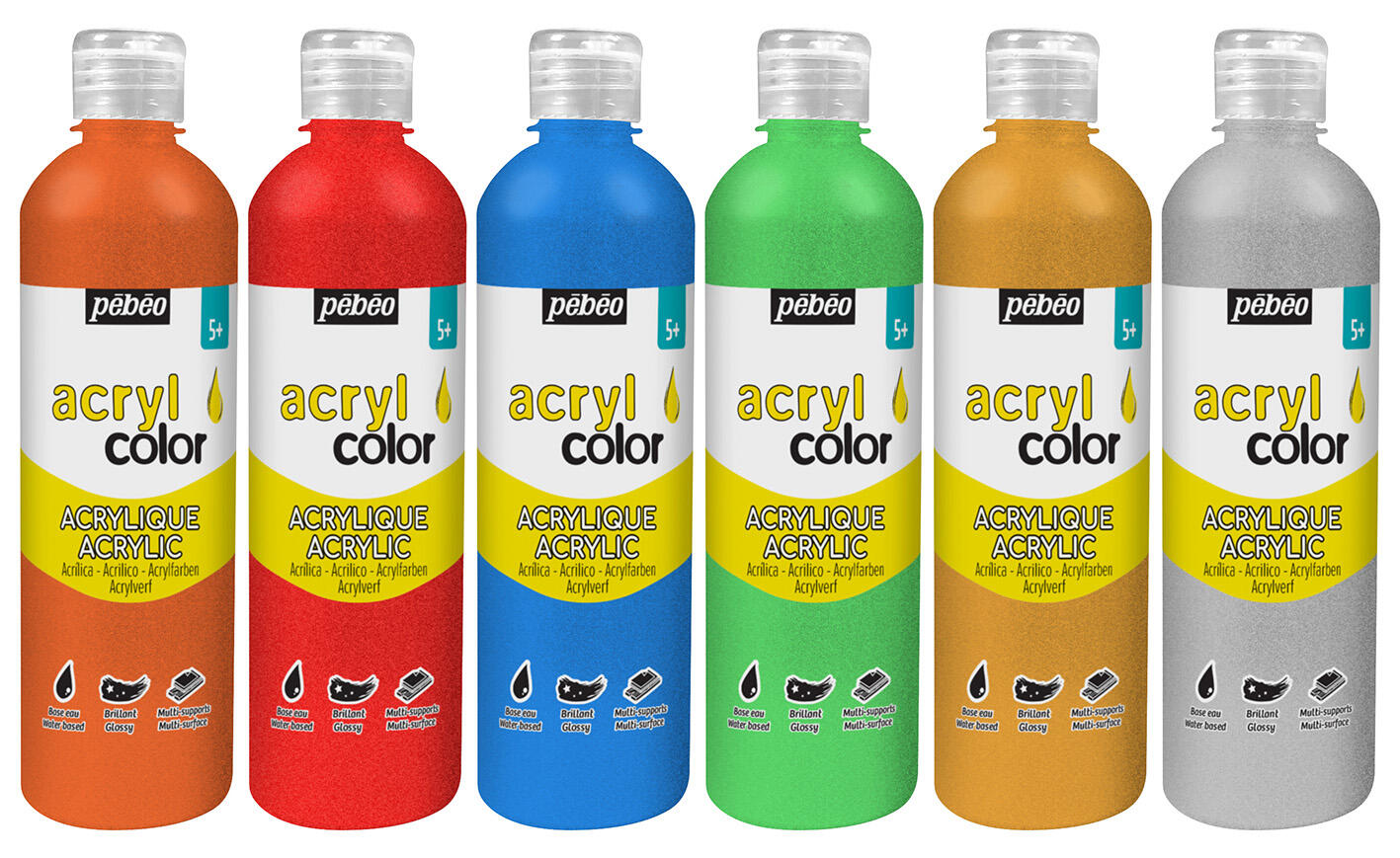 Pack de 6 flacons 500 ml Acrylcolor - Couleurs pailletées