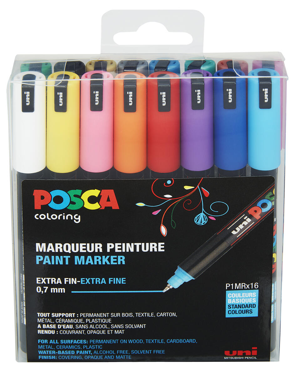 Pochette 16 marqueurs Posca pointe extra fine 0,7mm couleurs assorties