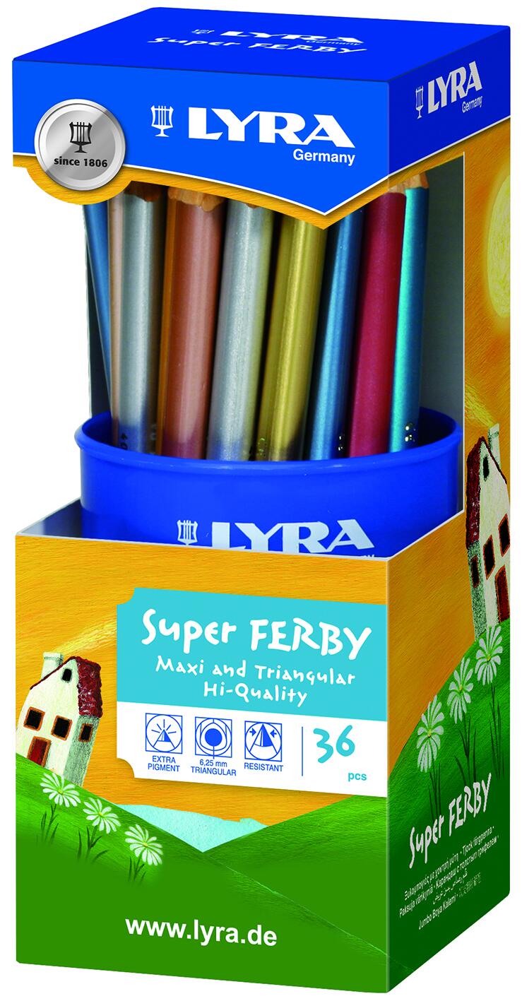 Pot de 36 crayons triangulaires métalliques lyra superferby