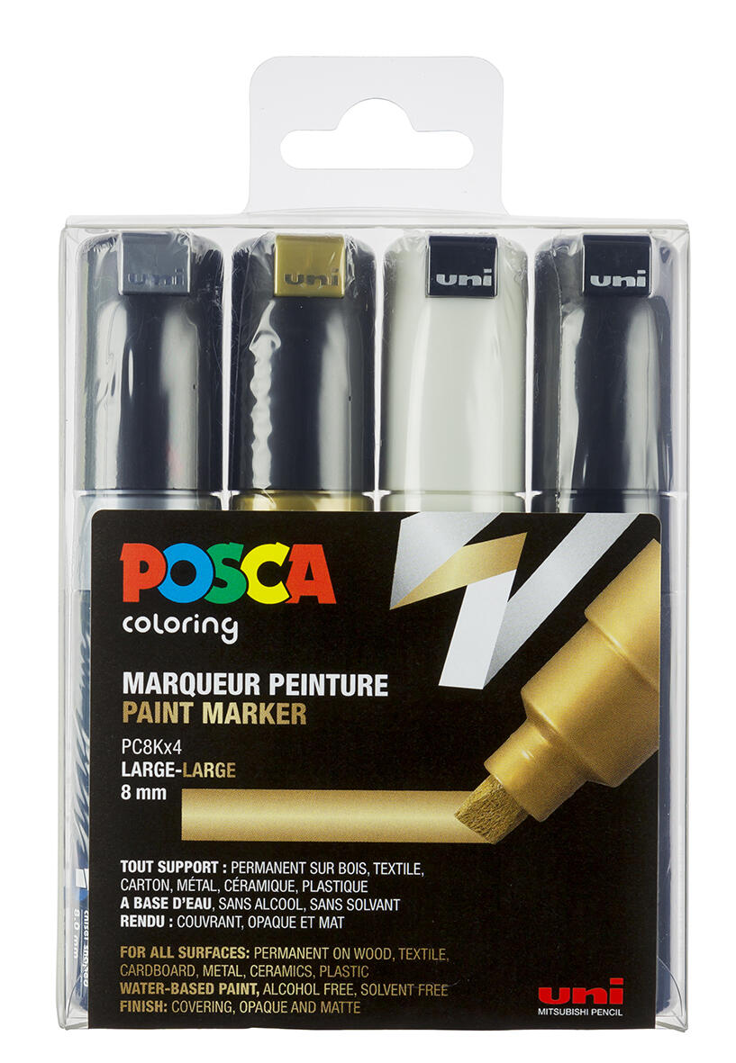 Pochette de 4 marqueurs peinture PC8K : noir, blanc, or, argent