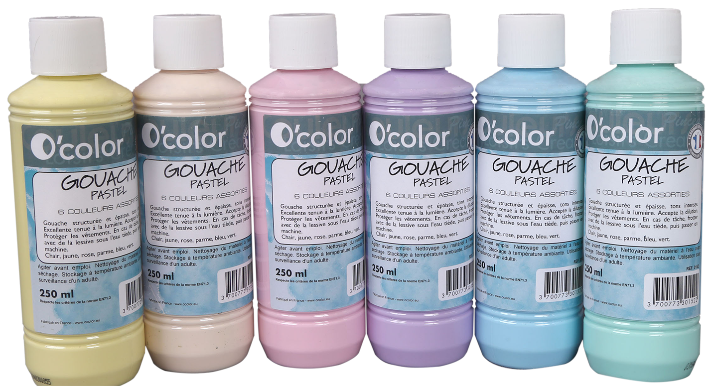 Coffret 6 flacons gouache pastel 250ml - couleurs assorties