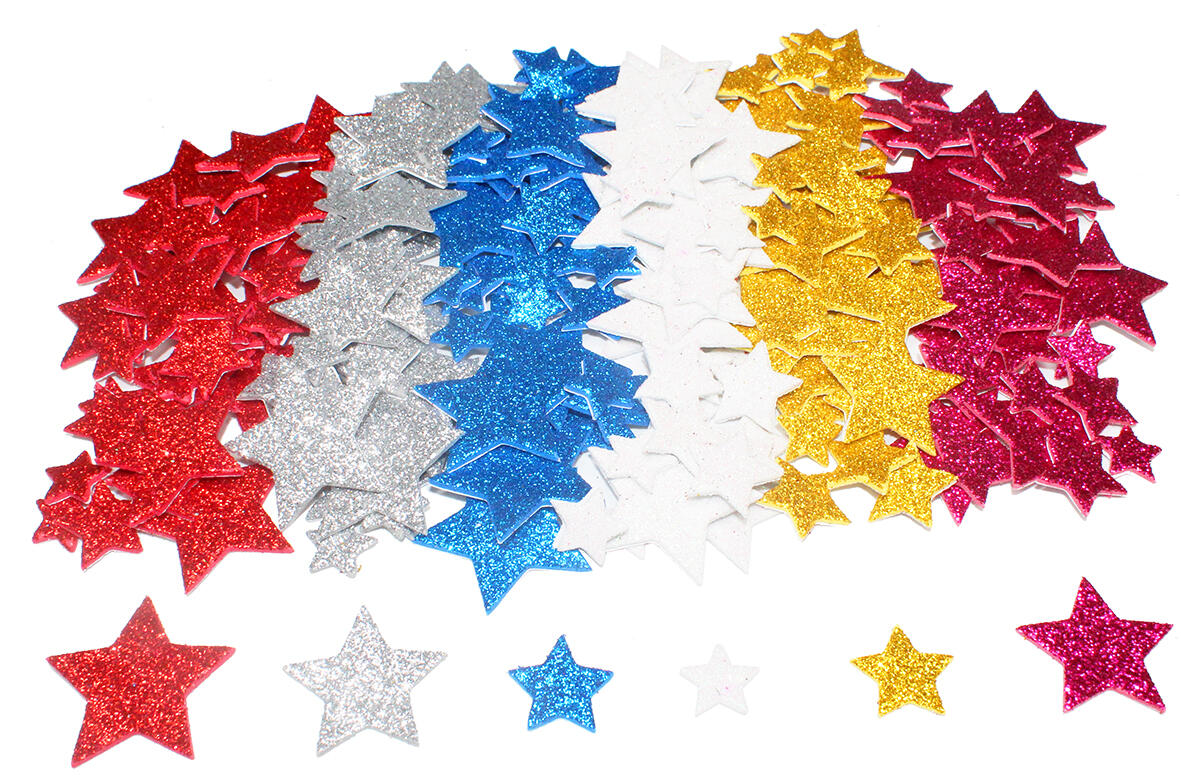 Sachet de 200 étoiles en mousse adhésive pailletée - Tailles et couleurs assorties