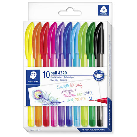 Pochette de 10 stylos bille triangulaires pointe moyenne STAEDTLER 4320 - 10 couleurs assorties