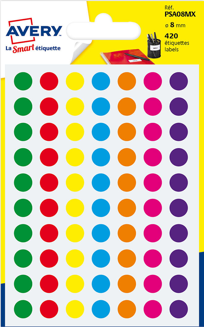 Pochette de 385 pastilles rondes diam.8 - 7 couleurs assorties