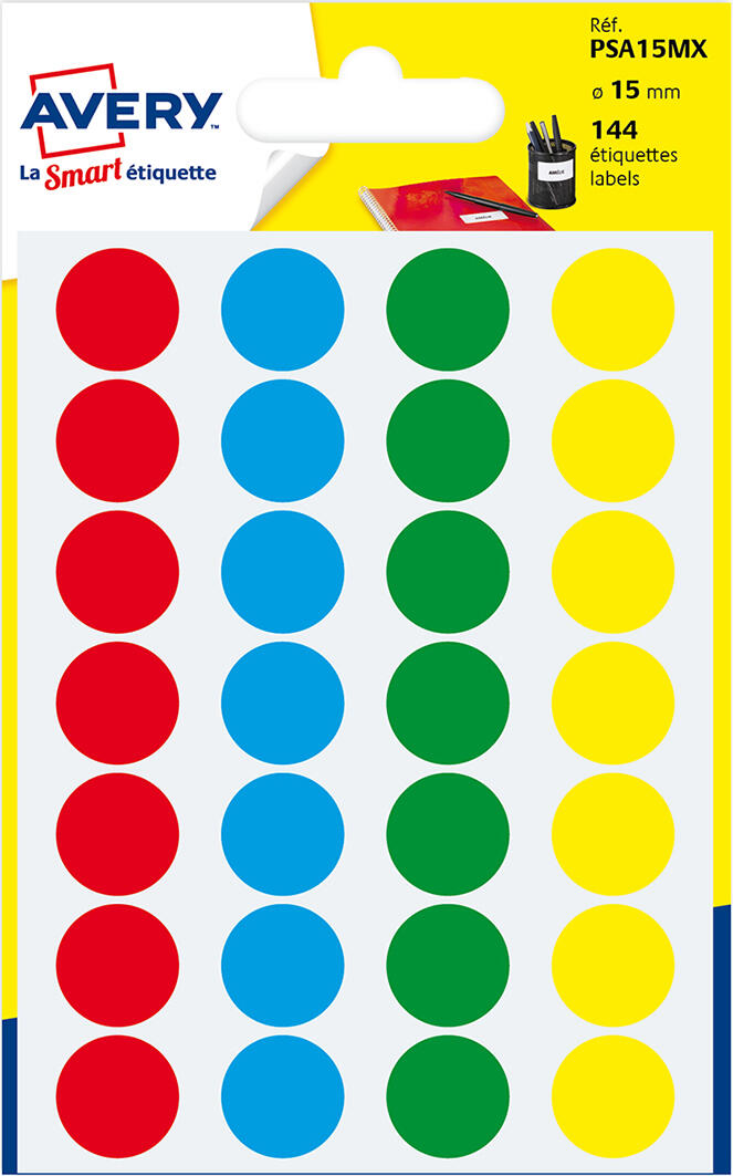 Pochette de 144 pastilles rondes diam.15 - 4 couleurs assorties