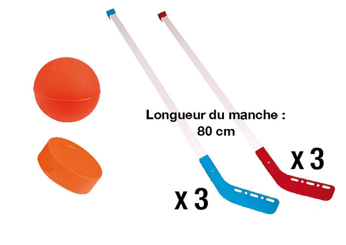 Set initiation hockey 83cm - Lot de 6 crosses + 1 balle + 1 palet (3rouge+3bleu)