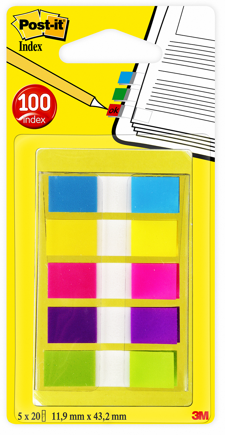 Marque-pages Post-it® Etroits, couleurs néons - Lot 5 x 20
