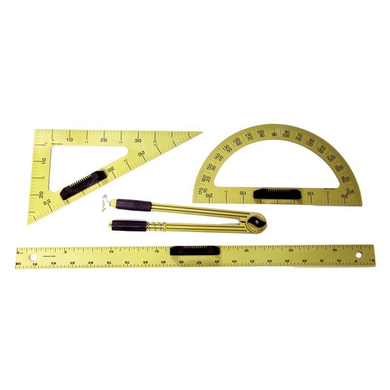 Quatre outils de traçage magnétiques équerre, compas, règle