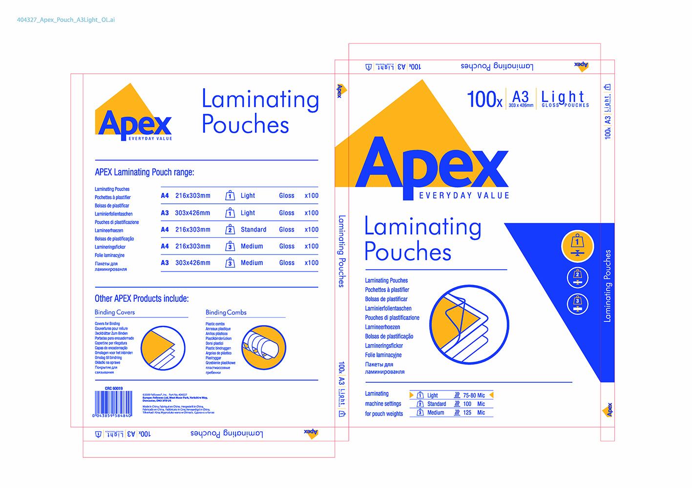 Paquet de 100 pochettes à plastifier A3 - 80 µ - APEX