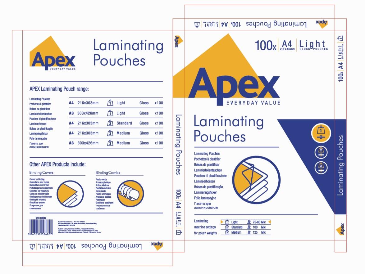 Paquet de 100 pochettes à plastifier A4 - 80 µ - APEX