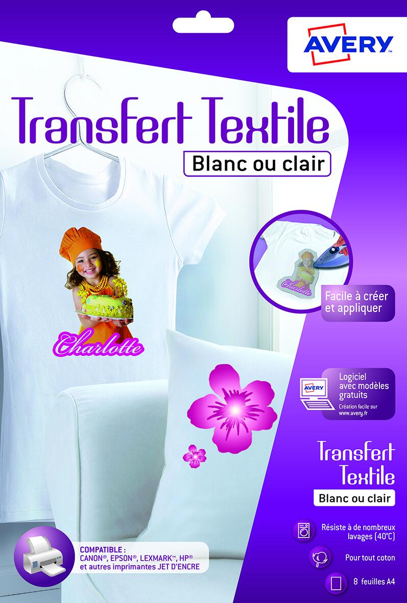 Paquet de 8 transferts pour textiles blancs ou clairs A4 - Jet d'encre
